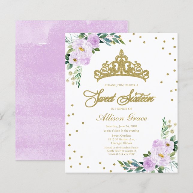 Budget Sweet 16 Einladung Tiara Lavender Floral (Vorne/Hinten)
