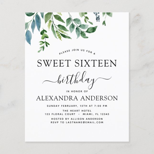 Budget Sweet 16 Geburtstag Botanische Vegetation Flyer (Vorne)
