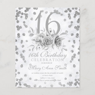 Budget Sweet 16 Glitzer Silver Floral Einladung Flyer