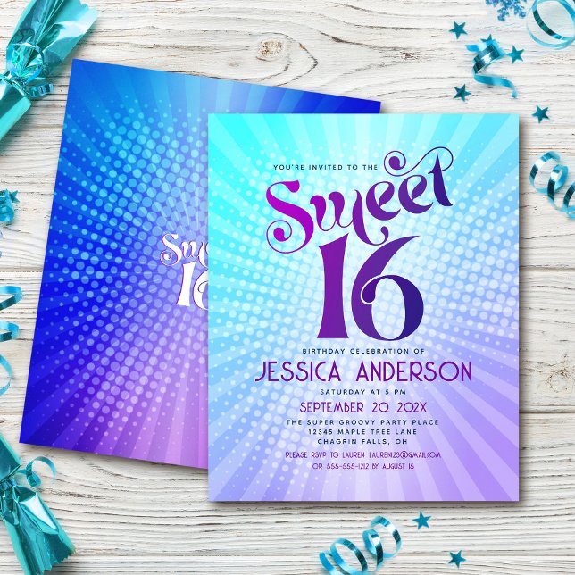 Budget Sweet 16 Groovy Lila Blue Gradient Einladun (Von Creator hochgeladen)