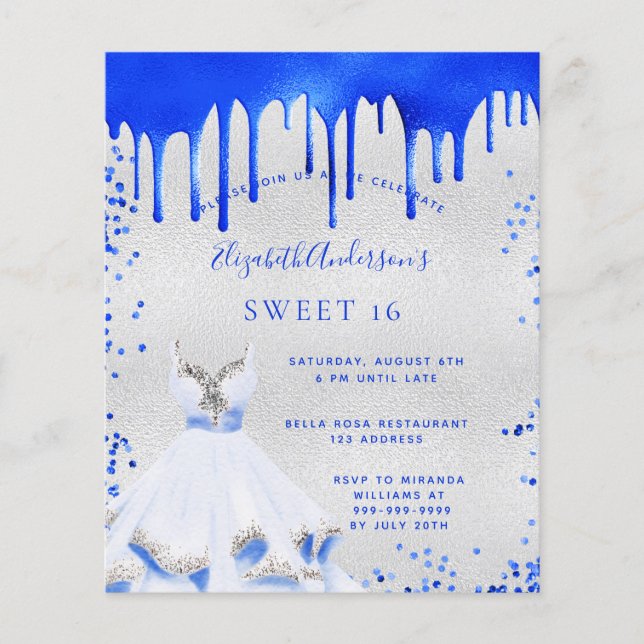 Budget Sweet 16 königsblaue Silber Einladung (Vorderseite)