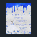 Budget Sweet 16 königsblaue Silber Einladung<br><div class="desc">Ein Imitat silber aussehender Hintergrund. Dekoriert mit königsblauer Tropffarbe,  Glitzern. Personalisieren und fügen Sie einen Namen und Party-Details hinzu. Der Name wird mit einem handgeschriebenen Stilskript geschrieben.</div>