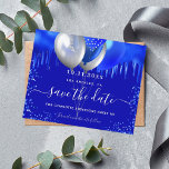 Budget Sweet 16 königsblaue Tropfen Save the Date<br><div class="desc">Ein trendiger königsblauer Hintergrund mit königsblauen Tropfen,  Konfetti und Ballons. Personalisieren und fügen Sie Datum und Name/Alter hinzu. Der Text: Save the Date ist mit einem großen angesagten,  handgeschriebenen Stilskript geschrieben.</div>