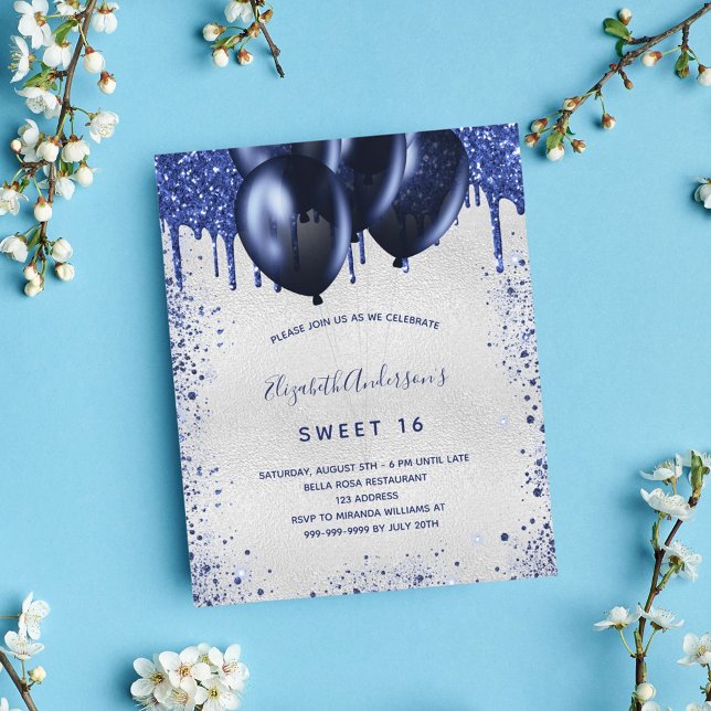 Budget Sweet 16 Marineblau Silber Einladung (Von Creator hochgeladen)