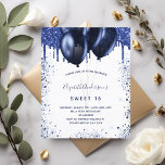 Budget Sweet 16 marineblaue weiße Einladung<br><div class="desc">Eine mädchenhafte Geburtstagsfeier. vorne: Ein weißer Hintergrund. Dekoriert mit marineblauen Imitaten Glitzer Tropfen,  Farbe tropfende Aussehen und Ballons. Personalisieren und fügen Sie einen Namen und Party-Details hinzu. Der Name wird mit einem handgeschriebenen Stilskript geschrieben.</div>