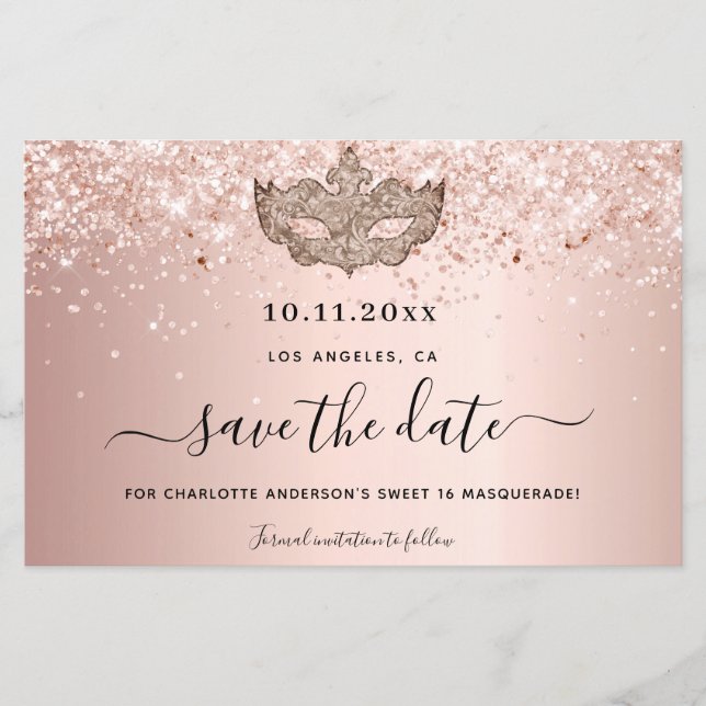 Budget Sweet 16 masquerade Rose Gold Save the Date (Vorderseite)