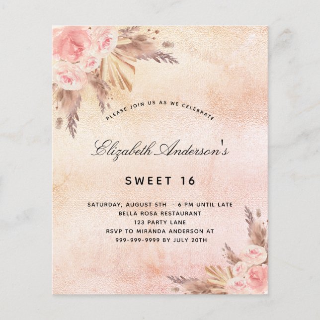 Budget Sweet 16 Pampas Gras Blush Einladung (Vorderseite)