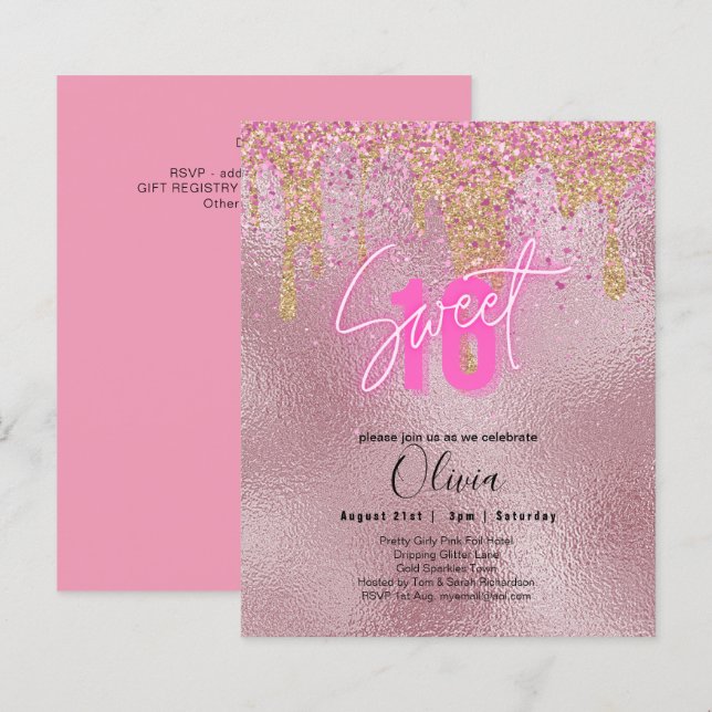 Budget Sweet 16 Pink Glitzer Foil Girly Modern Fl (Vorne/Hinten)