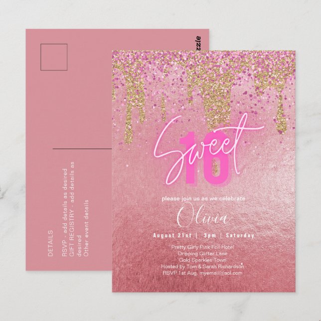 Budget Sweet 16 Pink Glitzer Foil Girly Modern Fl Postkarte (Vorne/Hinten)