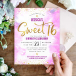 Budget Sweet 16 Pink Watercolor Gold Script Einlad<br><div class="desc">"Happy Sweet 16". Senden Sie diese atemberaubende, funkelnd, mädchenhafte, festliche, moderne, personalisierte, maßgeschneiderte Party Einladung für eine Veranstaltung, an die Sie sich erinnern können. Funkelnd Goldfolie und winzige Konfetti-Glitzer-Punkte und Typografie-Skript überlagern einen weichen rosa Aquarellhintergrund. Personalisieren Sie den benutzerdefinierten Text mit dem Namen Ihrer Tochter und anderen Party-Details. Ideal für...</div>