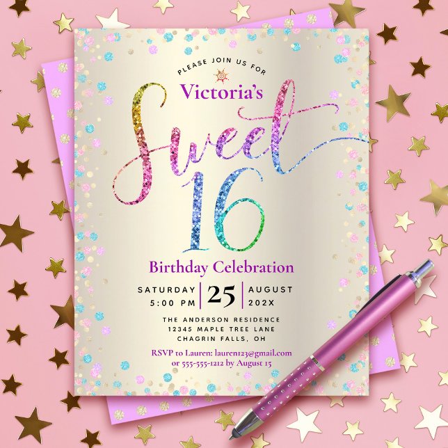 Budget Sweet 16 Rainbow Glitzer Gold Einladung (Von Creator hochgeladen)
