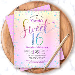 Budget Sweet 16 Rainbow Glitzer Ombre Einladung<br><div class="desc">"Happy Sweet 16". Senden Sie diese atemberaubende, funkelnd, mädchenhafte, festliche, moderne, personalisierte, maßgeschneiderte Party Einladung für eine Veranstaltung, an die Sie sich erinnern können. Rainbow-Glitzer-Schriftzeichen, zusammen mit festlich türkisfarbenen, lila Rosa- und Goldkonfetti, überlagern einen Regenbogen-Ober-Folie mit metallischem Hintergrund. Ein goldenes Glitzer Punktmuster ist über dem Lavendel lila auf der Rückseite....</div>
