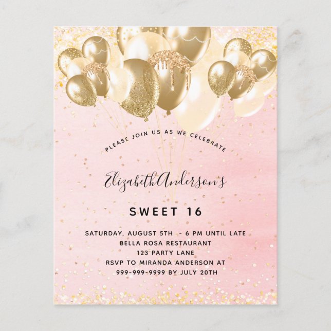 Budget Sweet 16 Rosa Goldballons in Rosa Glitzer (Vorderseite)