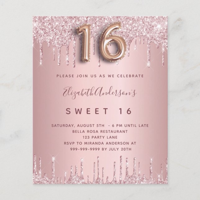 BUDGET Sweet 16 rosa staubige Rose Glitzer Geburts (Vorderseite)