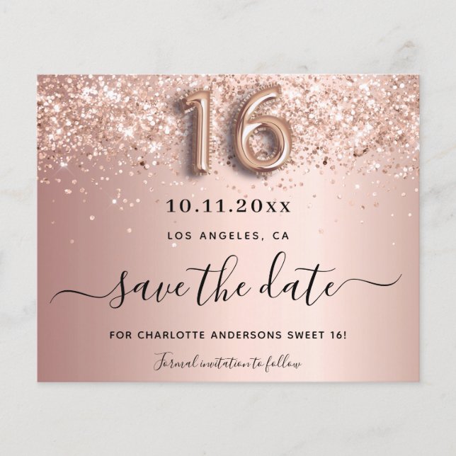 Budget Sweet 16 Rose Gold Glitzer Save the Date (Vorderseite)