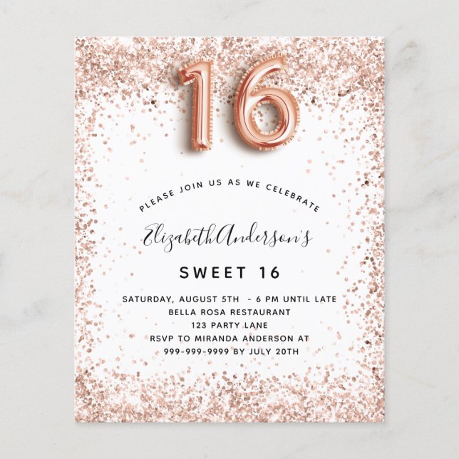 Budget Sweet 16 Rose gold white Einladung (Vorderseite)
