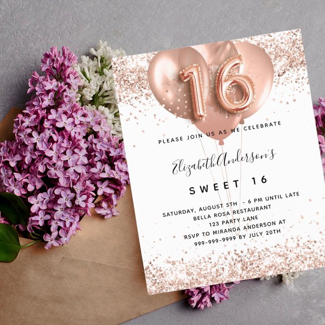 Budget Sweet 16 Rose Goldballons Einladung (Von Creator hochgeladen)