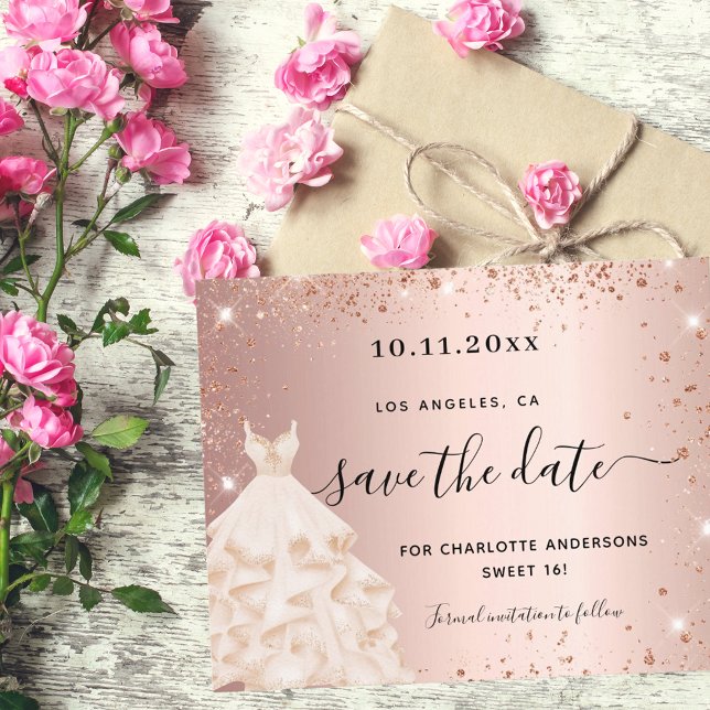 Budget Sweet 16 Rose Goldkleid Save the Date (Von Creator hochgeladen)