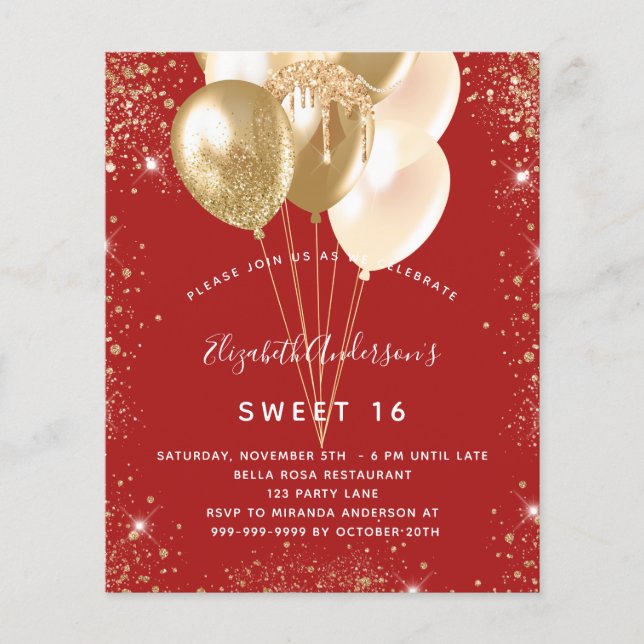 Budget Sweet 16 Rot-Gold-Glitzer-Ballons (Vorderseite)