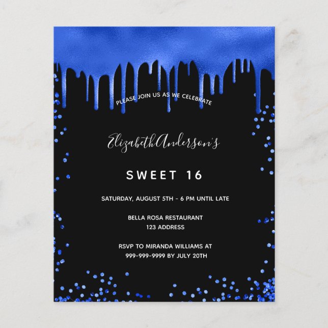 Budget Sweet 16 Schwarz königsblau Einladung (Vorderseite)