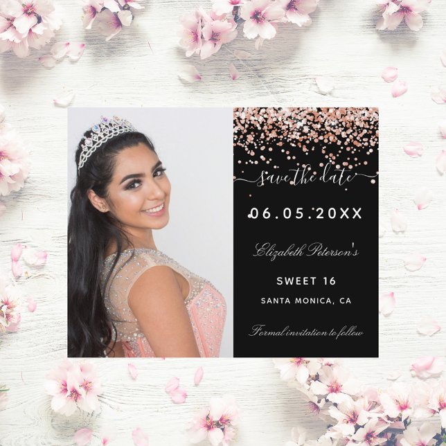 Budget Sweet 16 Schwarze Rose Foto Save the Date (Von Creator hochgeladen)