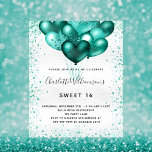 Budget Sweet 16 Silber aquamariner Glitzer Einladu<br><div class="desc">Für einen eleganten Sweet 16,  16. Geburtstag. Ein Imitat silber metallisch aussehender Hintergrund. Dekoriert mit aquamarinen Imitaten Glitzer Staub und Ballons. Personalisieren und fügen Sie Namen,  Alter und Party Details hinzu. Der Name wird mit einem handgeschriebenen Stilskript geschrieben</div>