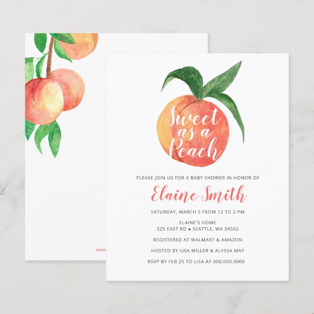 Budget Sweet as a Peach Baby Shower Einladung (Vorne/Hinten)