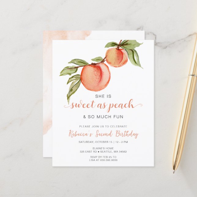 Budget Sweet as Peach Girl Birthday Einladung (Vorderseite/Rückseite Beispiel)