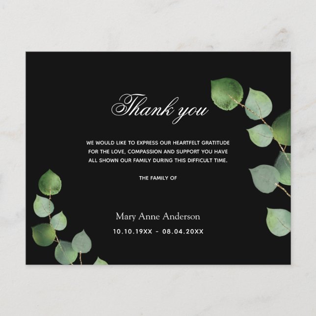 Budget Sympathe noir eucalyptus carte de remerciem (Devant)