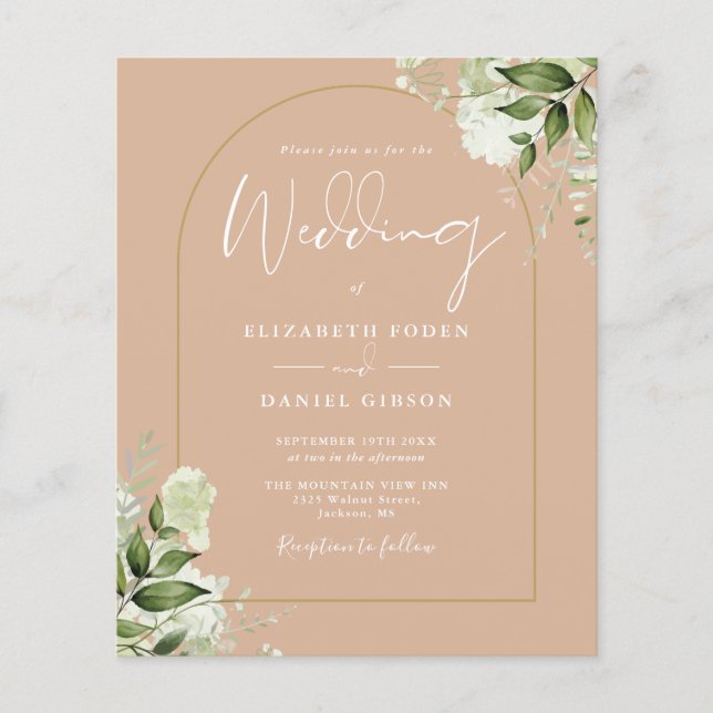 Budget Tan Floral Gold Arch Hochzeit Einladung (Vorderseite)