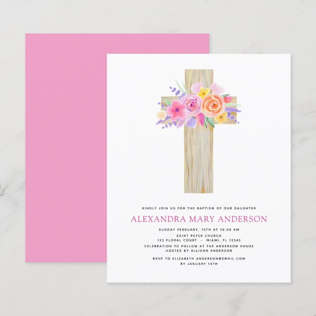 Budget Taufe Pastel Floral Rosa Rose Kreuz (Vorne/Hinten)