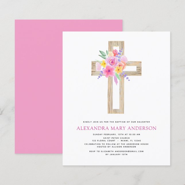 Budget Taufe Pastel Floral Rosa Rose Kreuz (Vorne/Hinten)