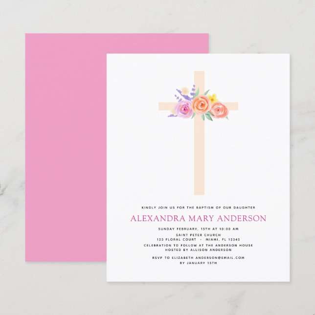 Budget Taufe Pastel Floral Rosa Rose Kreuz (Vorne/Hinten)