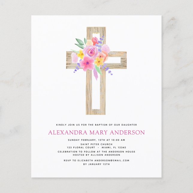 Budget Taufe Pastel Floral Rosa Rose Kreuz Flyer (Vorne)