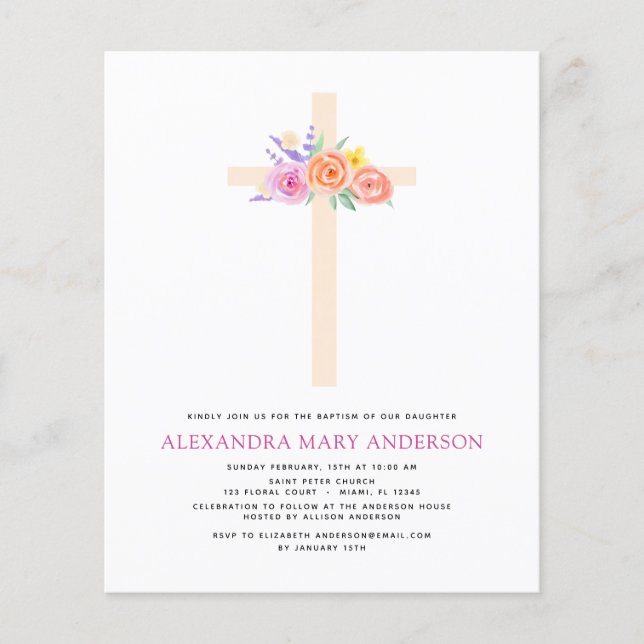 Budget Taufe Pastel Floral Rosa Rose Kreuz Flyer (Vorne)