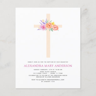 Budget Taufe Pastel Floral Rosa Rose Kreuz Flyer