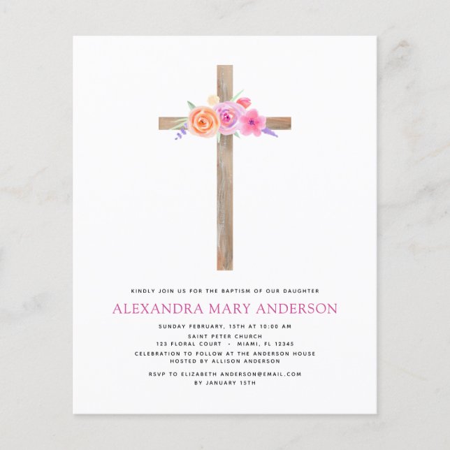 Budget Taufe Pastel Floral Rosa Rose Kreuz Flyer (Vorne)