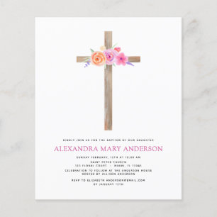Budget Taufe Pastel Floral Rosa Rose Kreuz Flyer