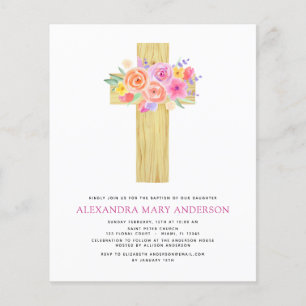 Budget Taufe Pastell-Blumen-Rosa-Rose-Kreuz Flyer