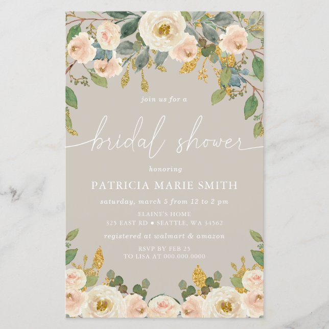 Budget Taupe Peach Floral Bridal Dusche Einladung (Vorderseite)