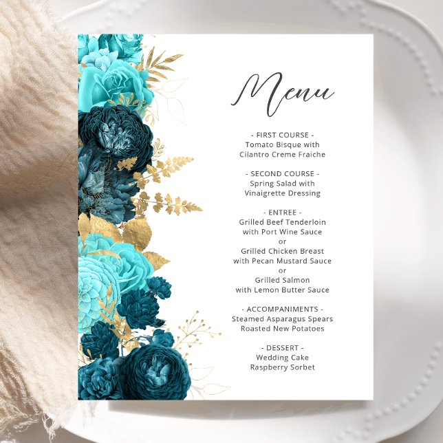Budget Teal Aqua Gold Floral Script Wedding Menu (Von Creator hochgeladen)