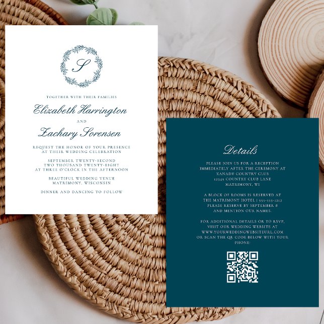 Budget Teal Blau Monogramm Kranz QR Code Hochzeit (Von Creator hochgeladen)