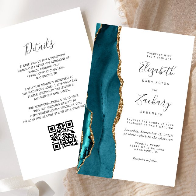 Budget Teal Gold QR-Code Hochzeitseinladung (Von Creator hochgeladen)
