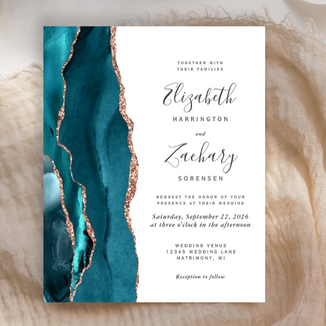 Budget Teal Rose Gold Agate Wedding Invitation (Von Creator hochgeladen)