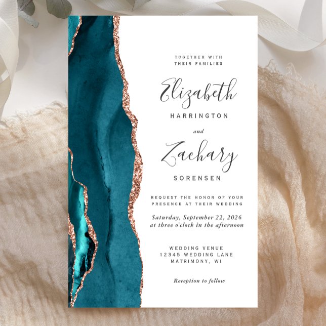 Budget Teal Rose Gold Agate Wedding Invitation (Von Creator hochgeladen)