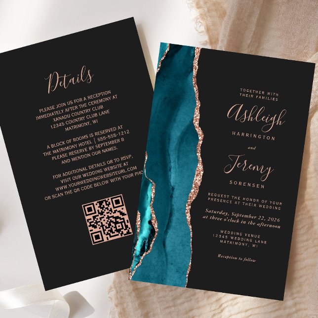 Budget Teal Rose Gold Dark QR Code Wedding Invite (Von Creator hochgeladen)