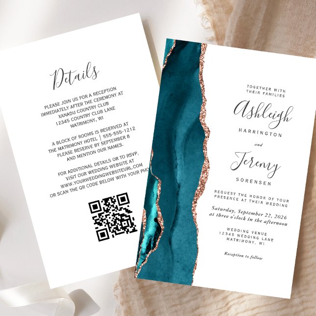 Budget Teal Rose Gold QR Code Wedding Invitation (Von Creator hochgeladen)