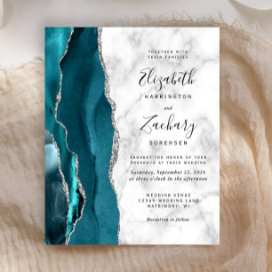 Budget Teal Silber Achat Marmor Hochzeitseinladung