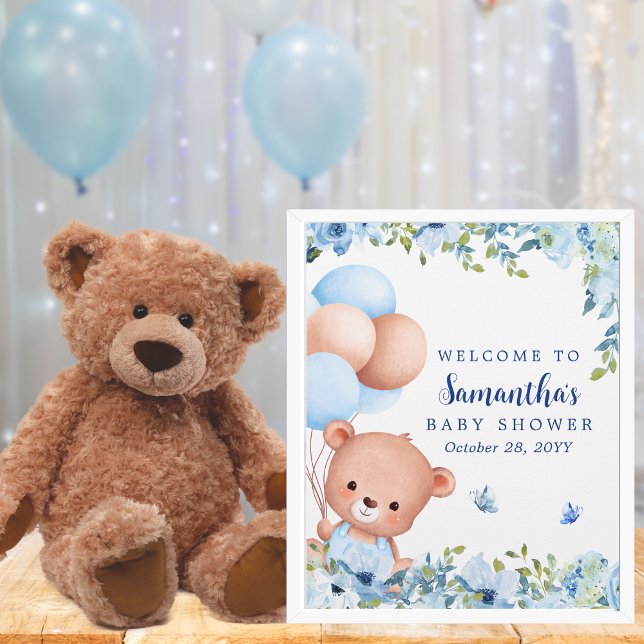 Budget Teddy Bear Balloon Baby Dusche Begrüßungsze (Teddy bear and balloons baby shower welcome sign for moms expecting a baby boy)