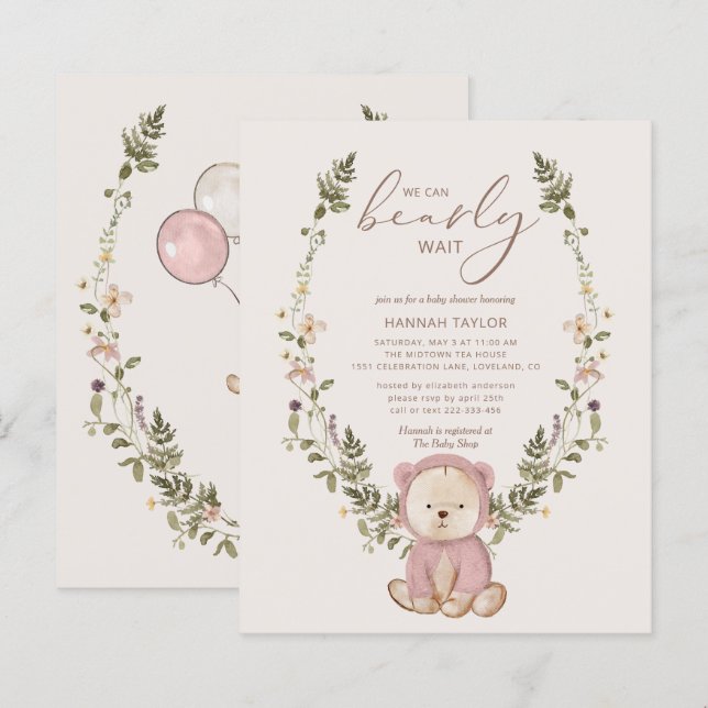 Budget Teddy Bear Pink Girls Babydusche Einladung (Vorne/Hinten)
